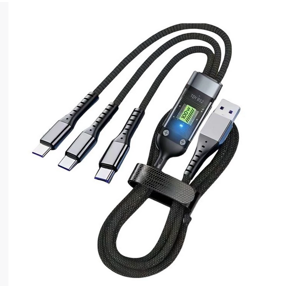 One to three black gray braided 120W fast charging data cable, three in one typec6A mobile phone charging cable, braided for durability